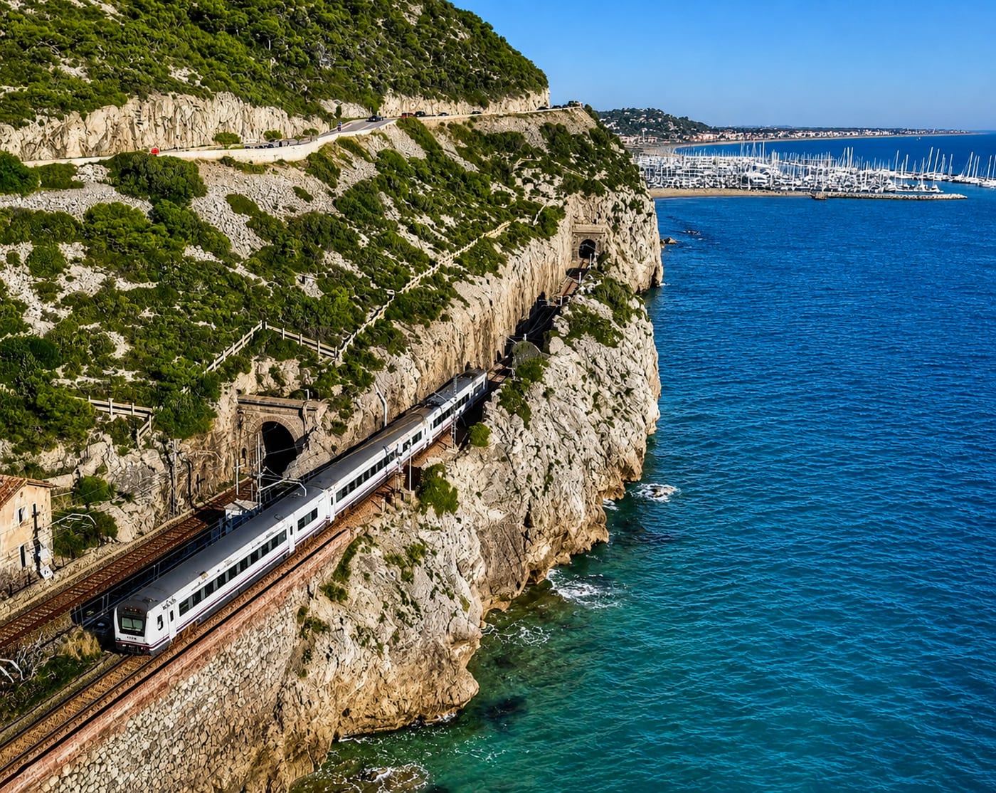 A Rodalies train on the Garraf coastal line between Barcelona and Sitges, the forty minute commute described in this guide